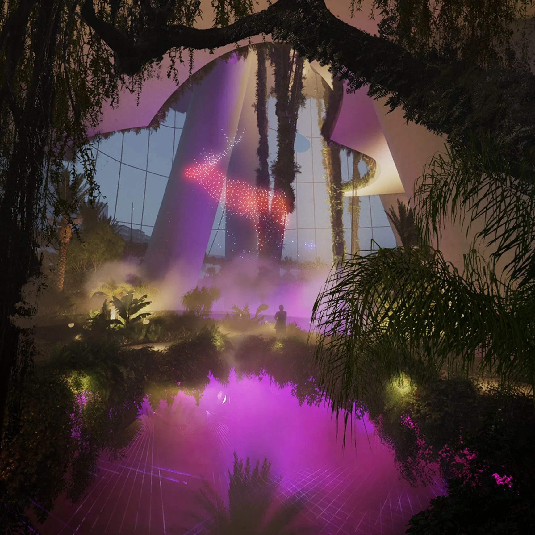 A garden inside Aera at night, mist and coloured light between the trees