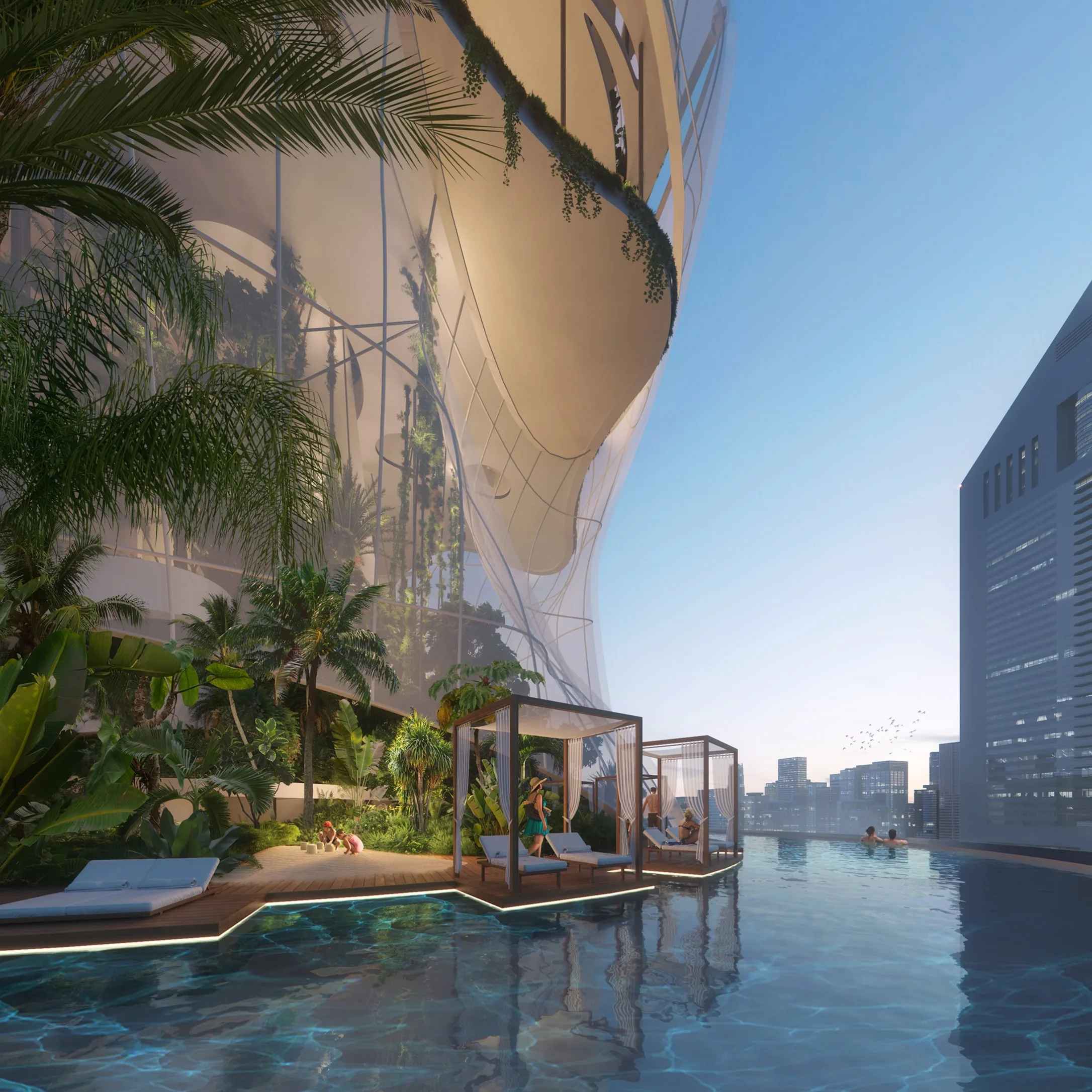 A pool terrace inside Aera, cabanas and palms under the curved glass skin, the city beyond