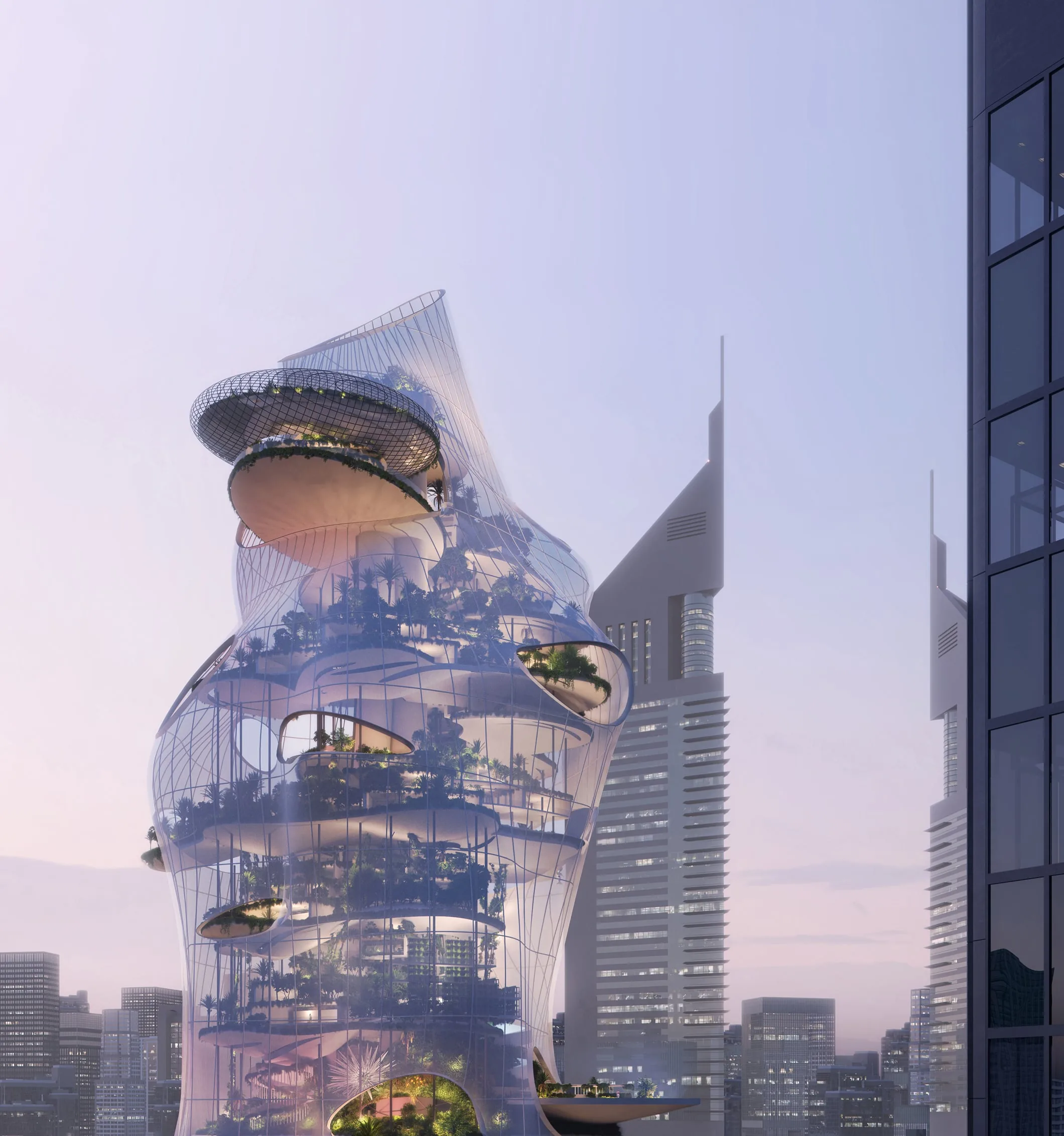 Aera: a vertical resort wrapped in a glass canopy, terraces and gardens stacked inside it against a city skyline