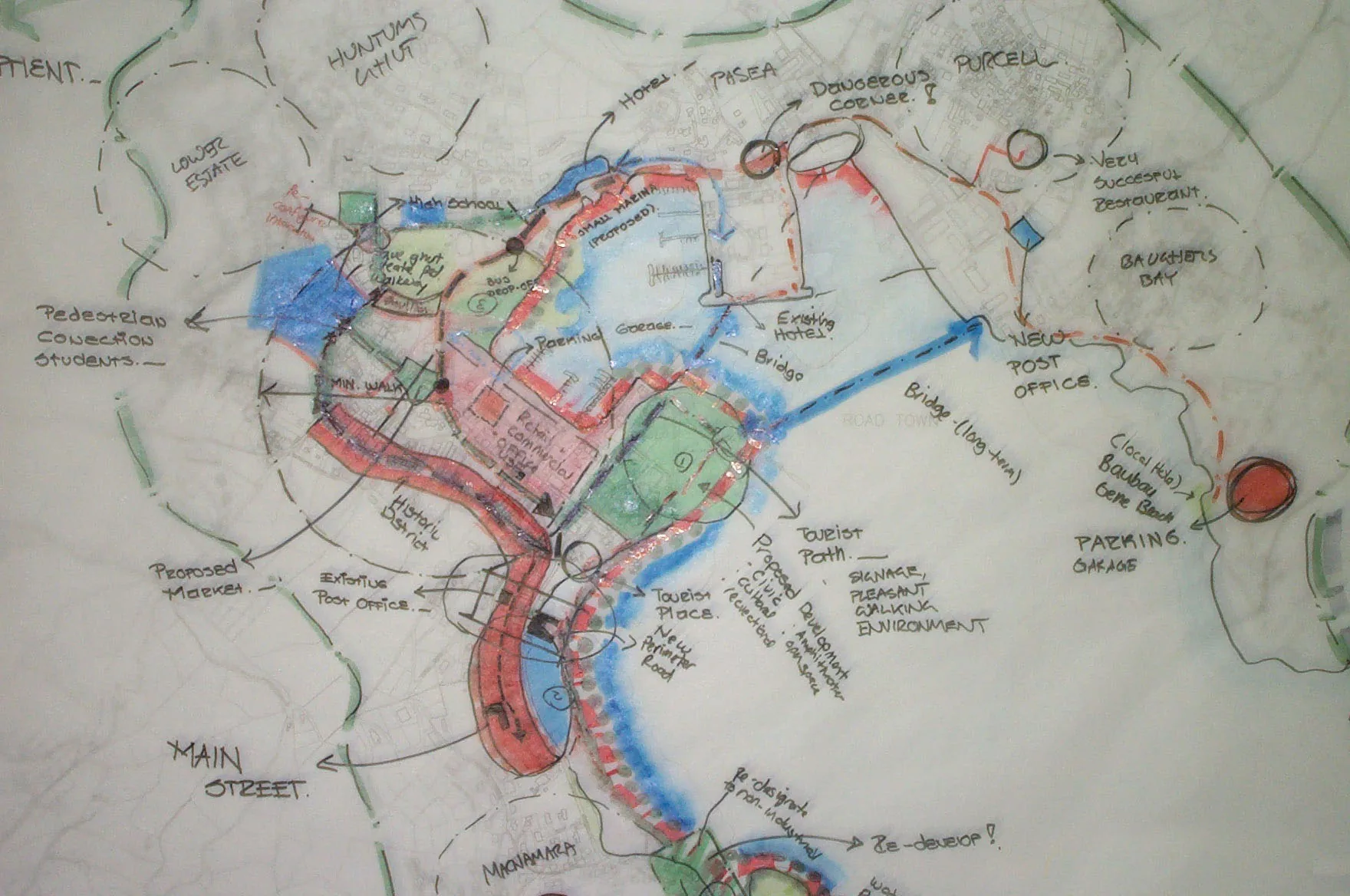 Marker sketch over trace: Road Town's historic district, Main Street and a proposed tourist path and market