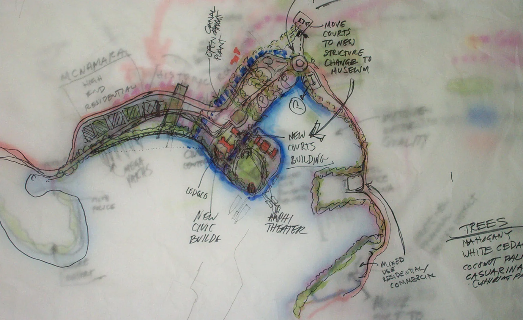 Marker sketch over trace: a new civic building, courts and amphitheatre along the Road Town waterfront