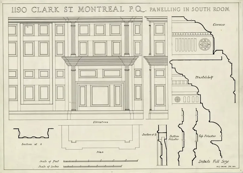 A signed, meticulously measured drawing of a heritage building by Onions, 1931