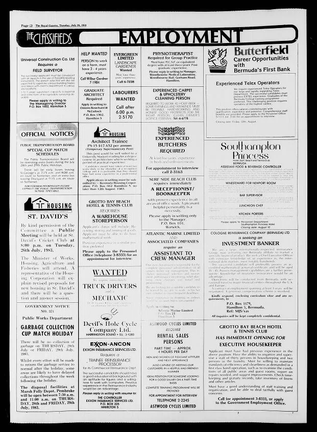 The Royal Gazette classifieds, 26 July 1983 — Employment