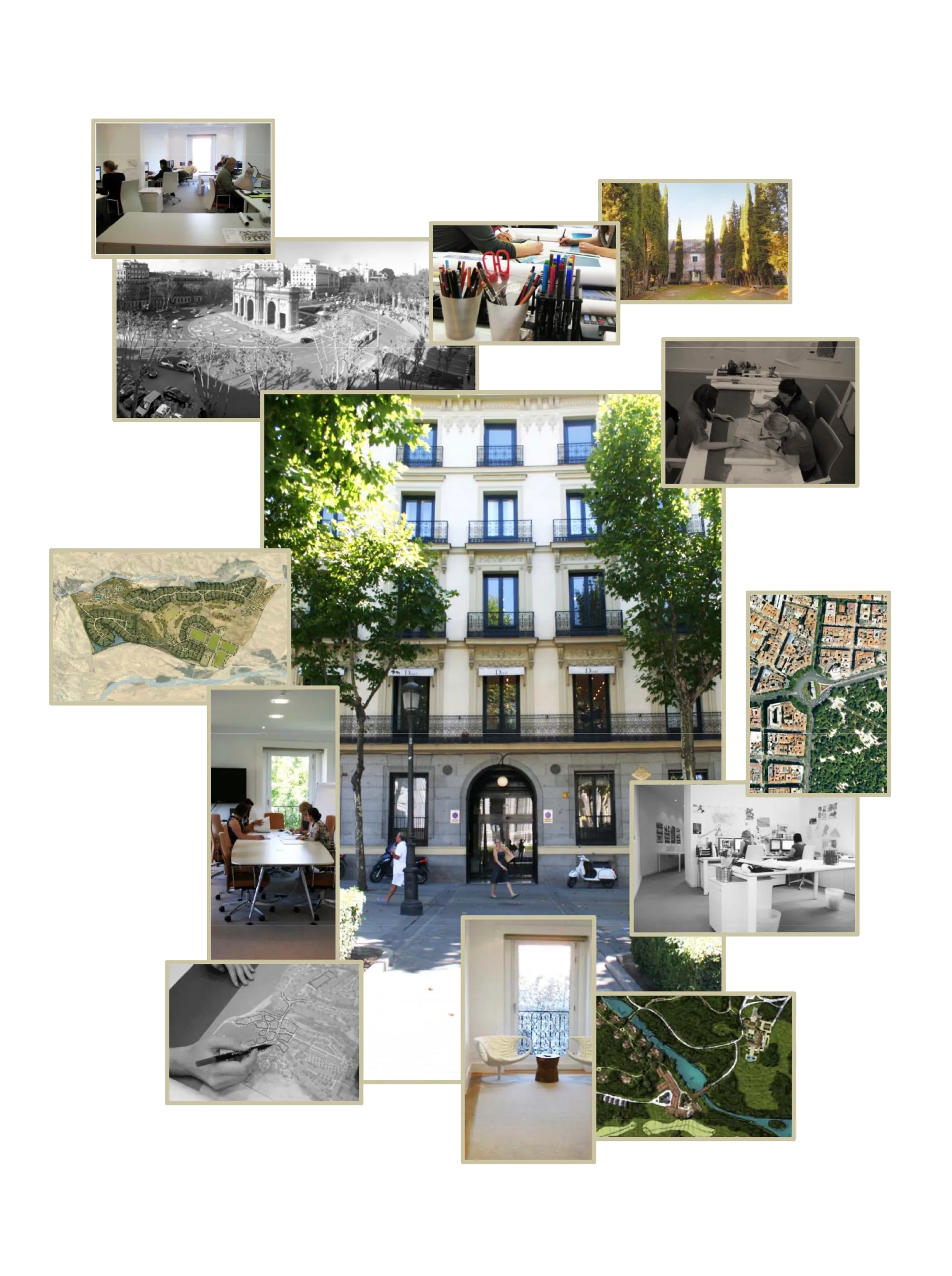 A collage of the Madrid office: the team at work, the building on Plaza de la Independencia, site plans and city views
