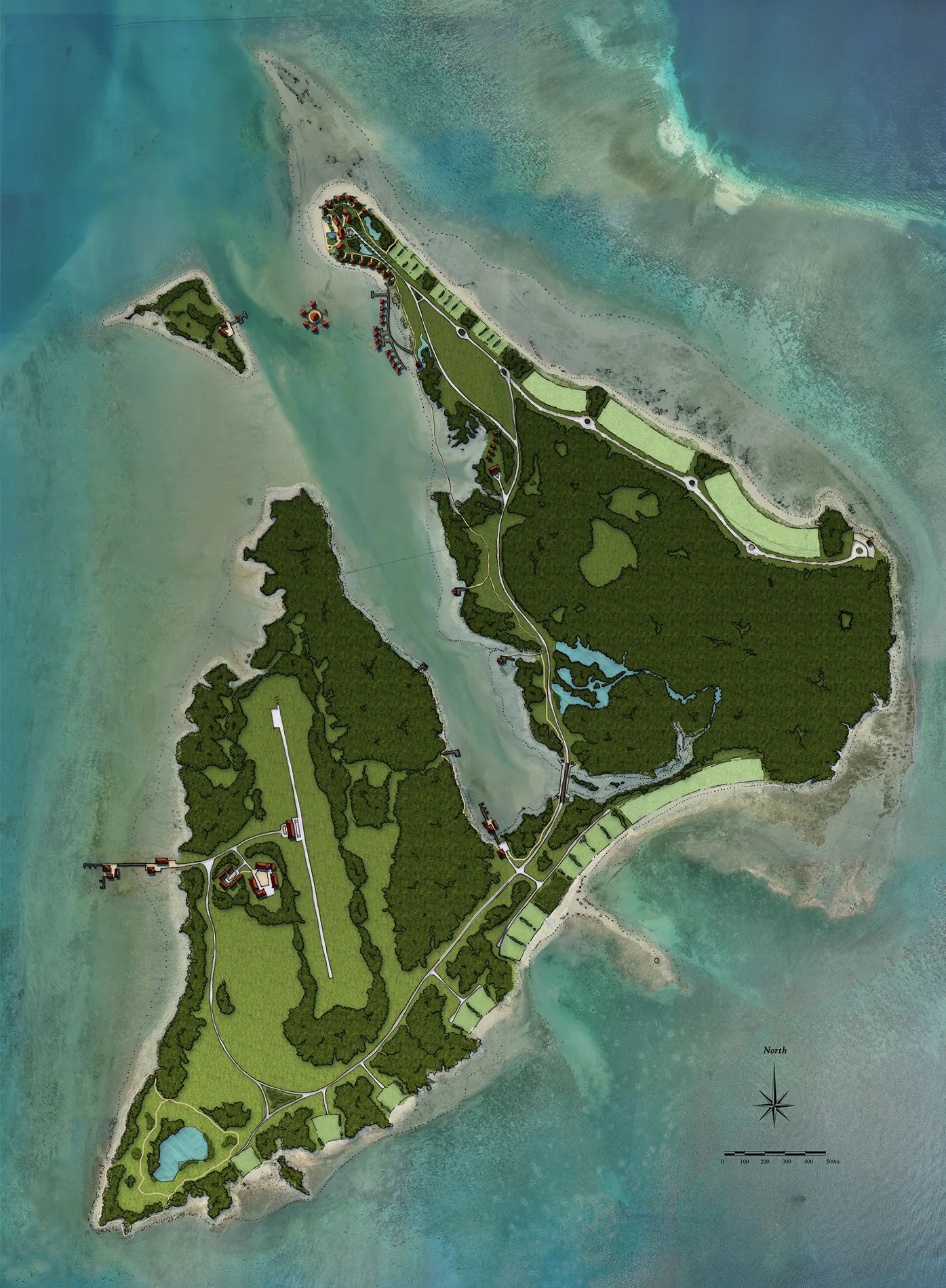 Master plan of Vamizi island, Mozambique — an aerial drawing of the island with its airstrip, villages and resort sites over turquoise shallows