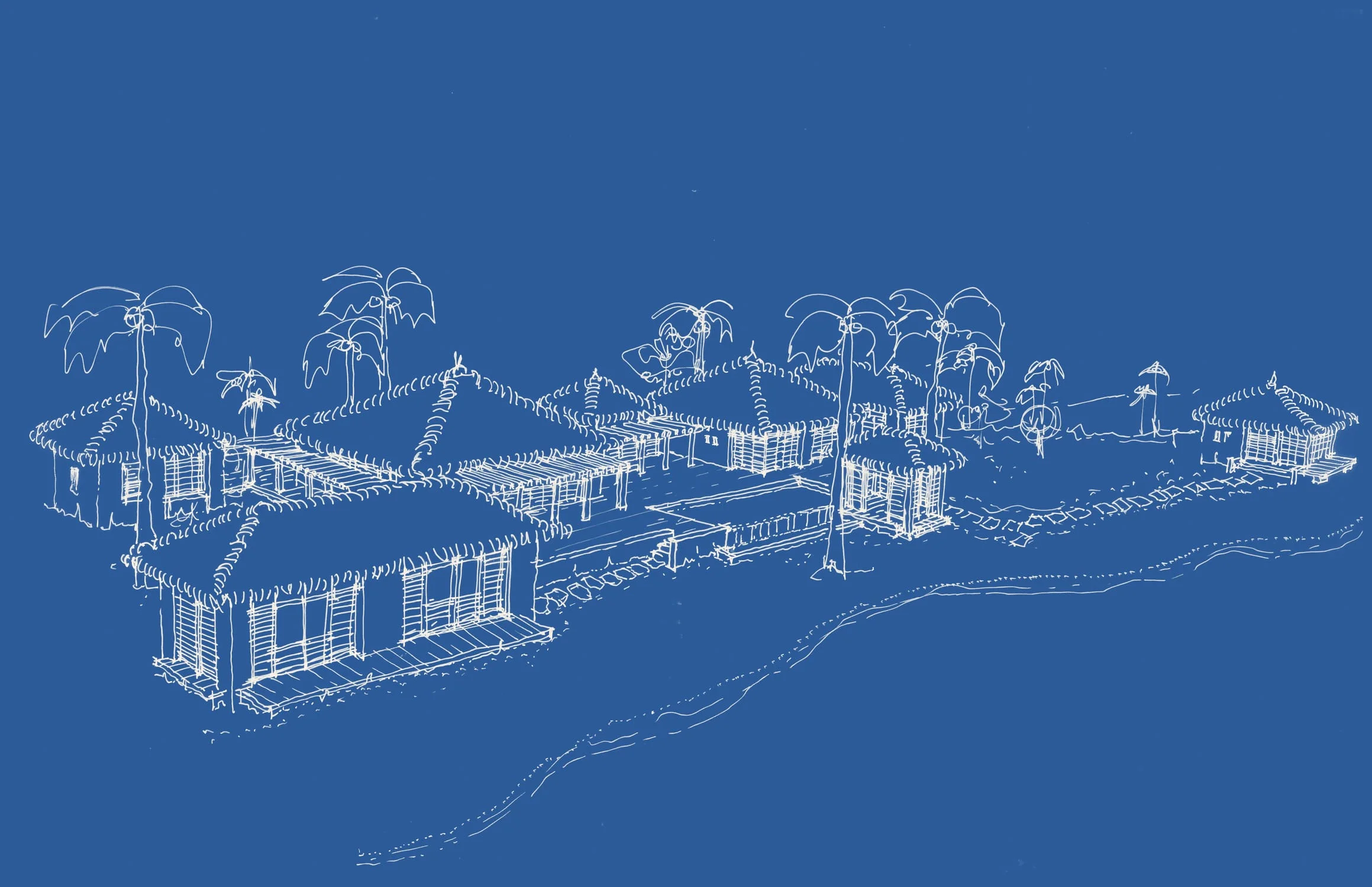 Ink sketch of thatched beach cabins under palms, joined by pergolas along the shore