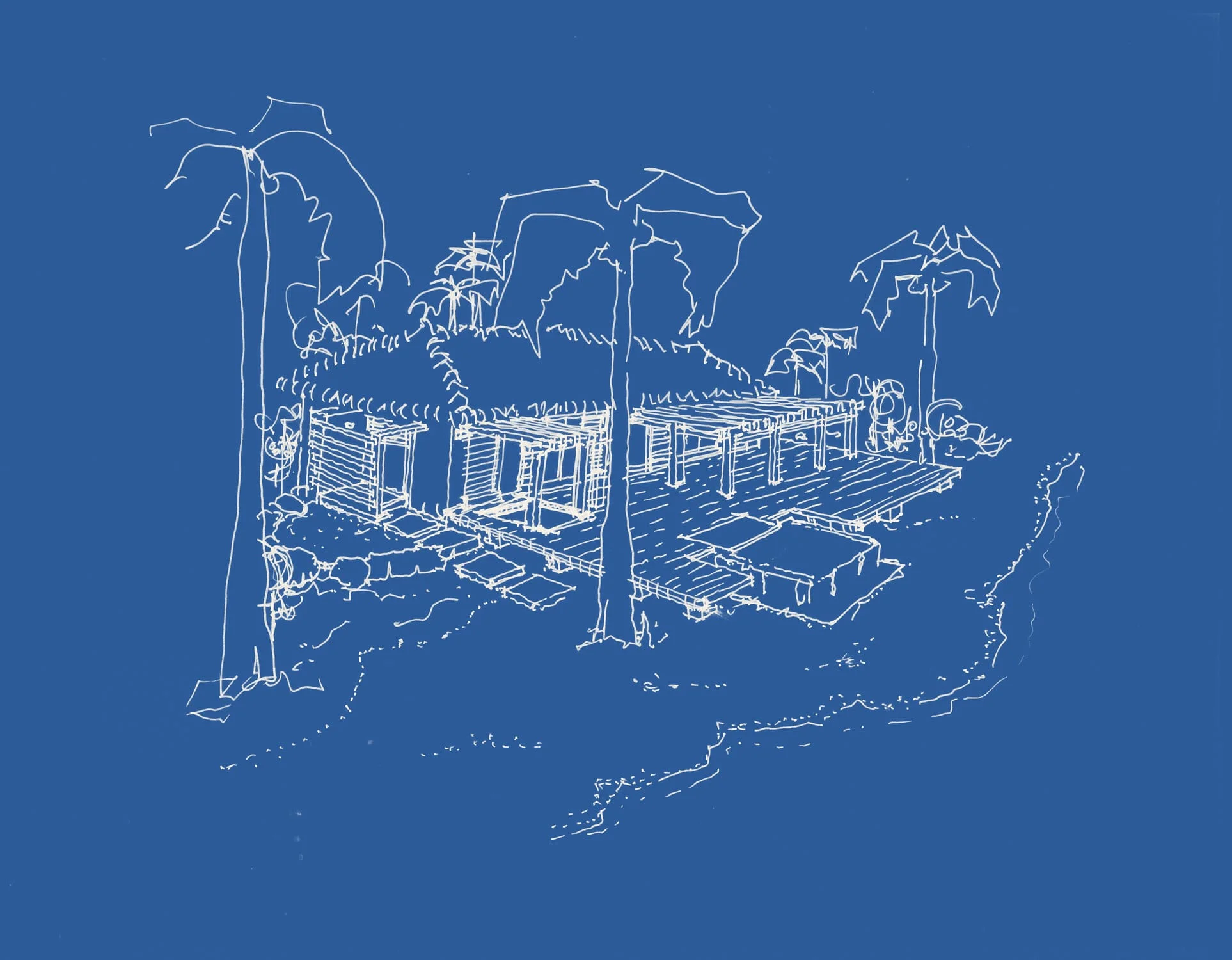 Ink sketch of a thatched pavilion and timber deck stepping down to the beach between palms