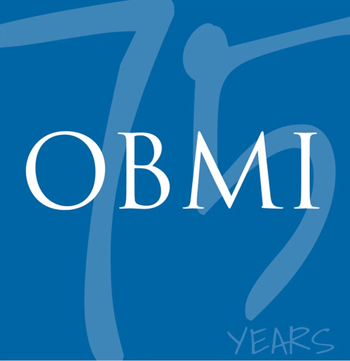 The OBMI seventy-fifth anniversary mark: the letters over a hand-drawn 75, on blue