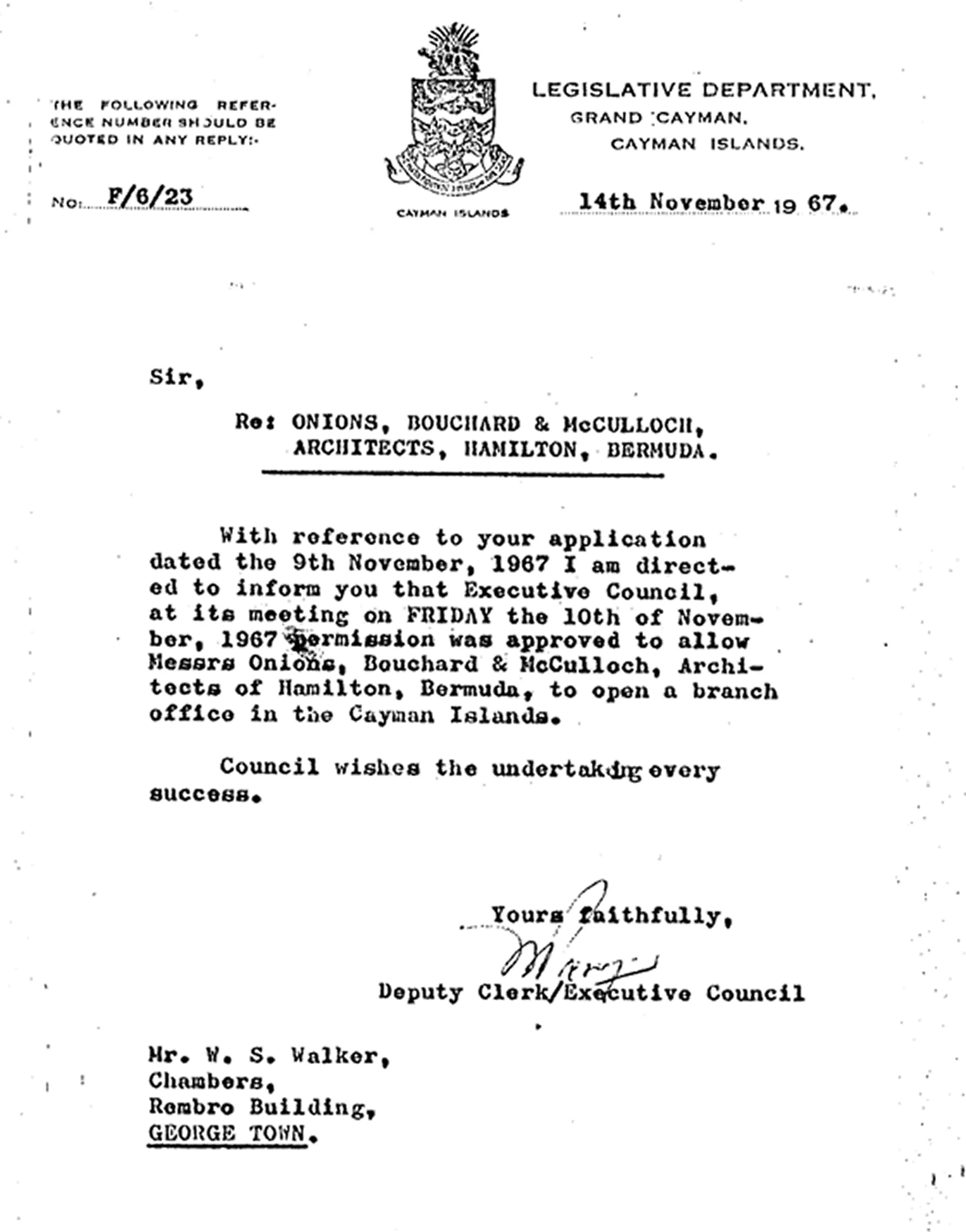 Letter from the Legislative Department, Grand Cayman, 14 November 1967, approving a branch office for Onions, Bouchard & McCulloch