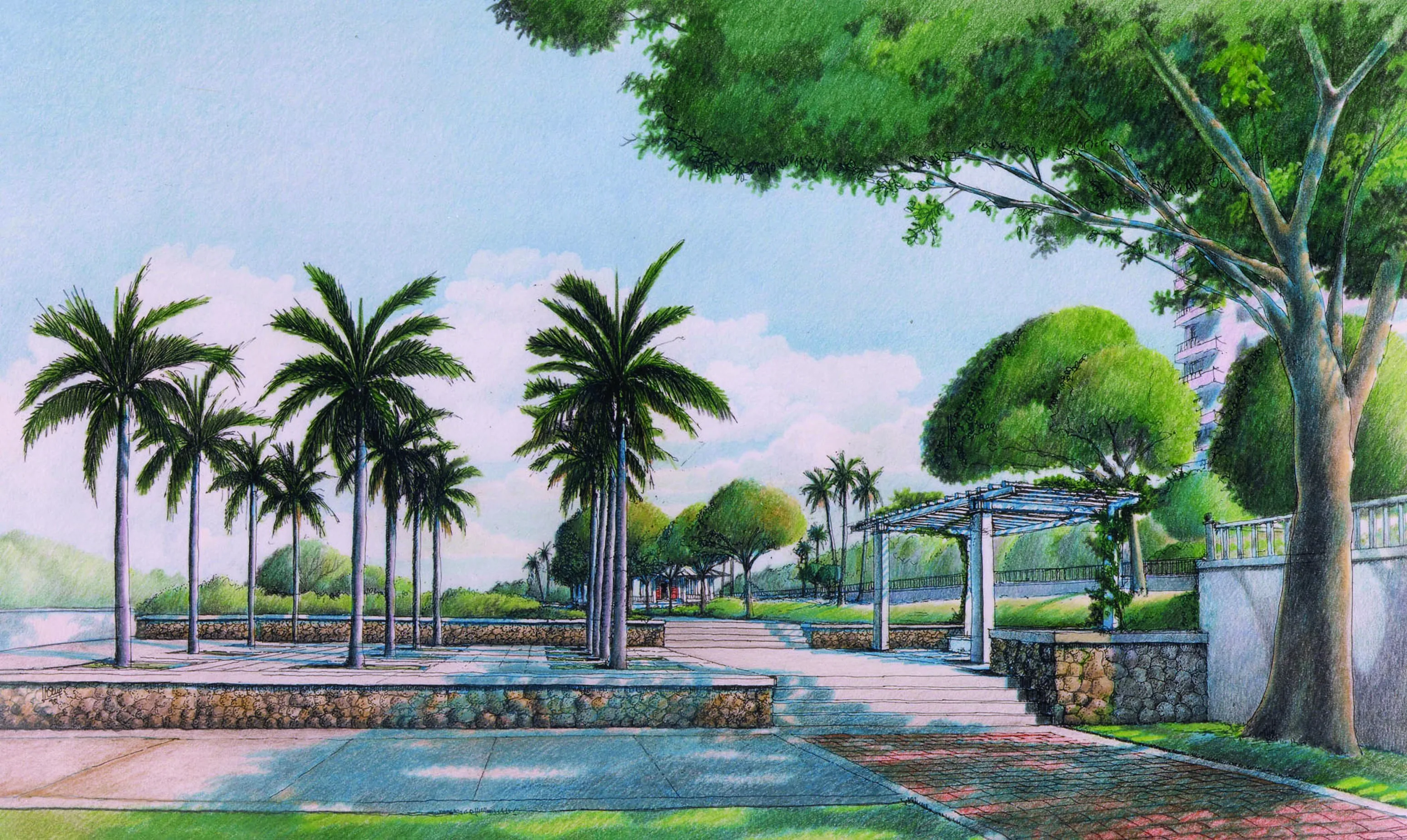 Coloured rendering of a palm-shaded plaza with coral stone walls and a pergola