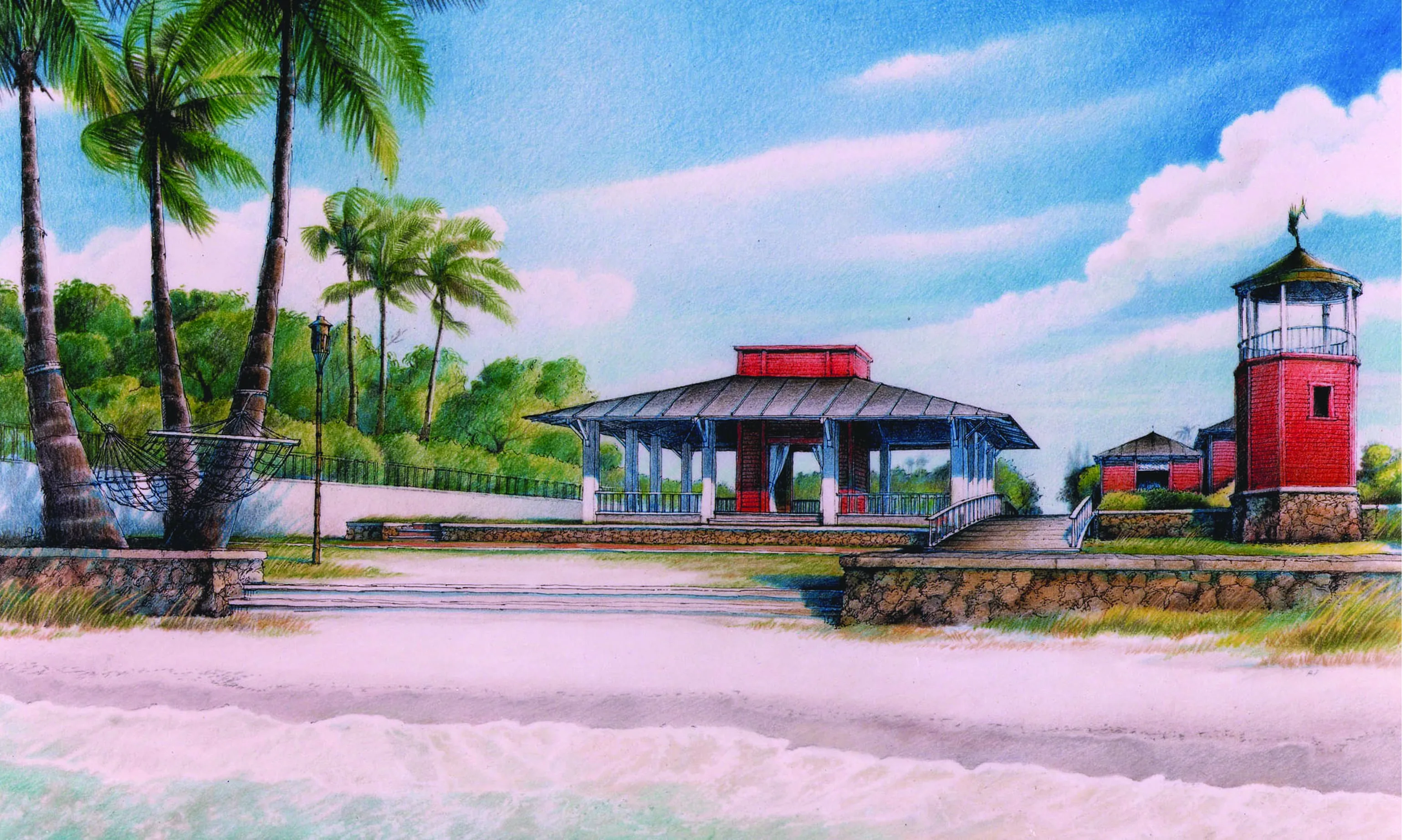 Coloured rendering of a red beach pavilion and lookout tower behind a hammock strung between palms
