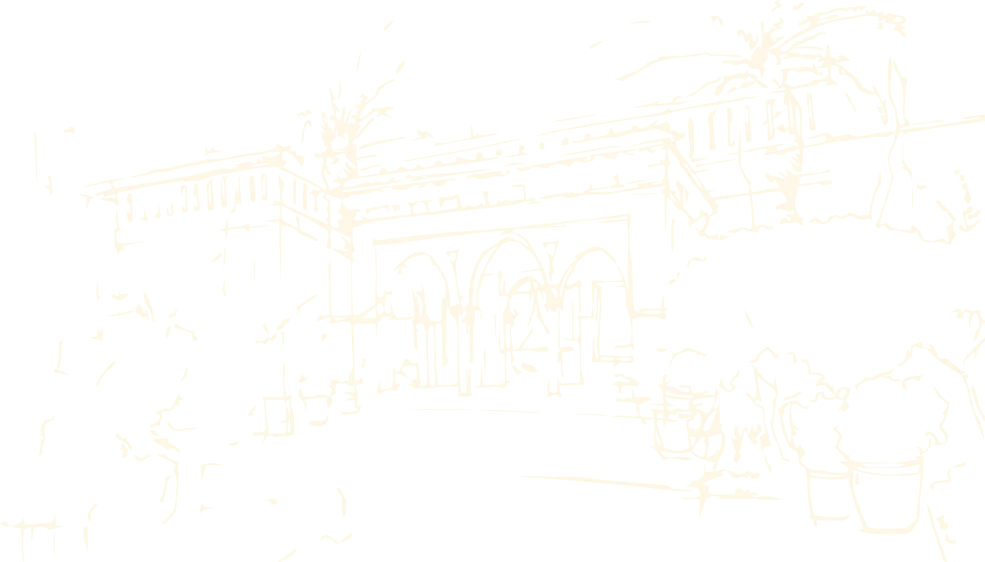 Ink sketch of a Royal Mansour courtyard: arcades under a colonnaded gallery, potted palms in the foreground