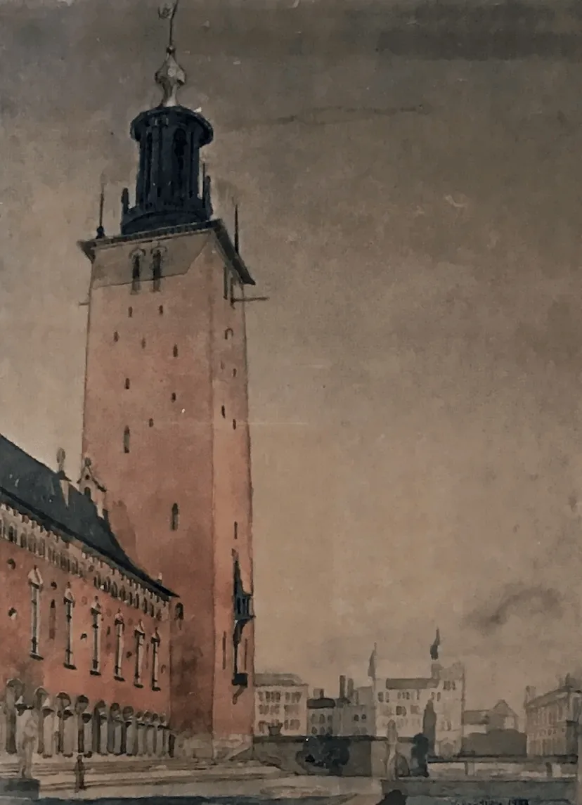 Watercolour of Stockholm City Hall, painted by Onions in 1931