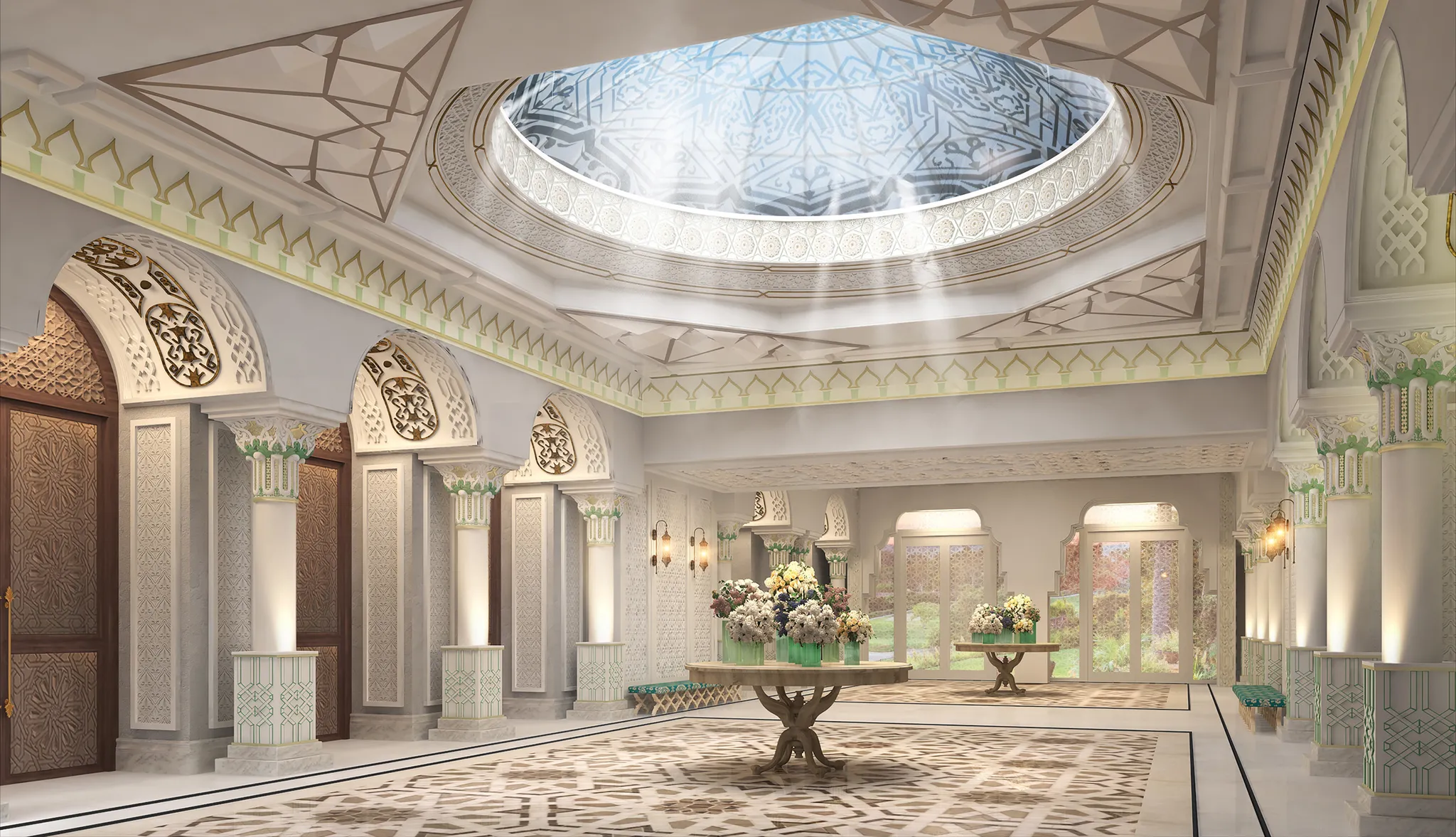 The Fairmont Tazi Palace at dusk from the air, its white terraces and arcades lit against the wooded hills above Tangier