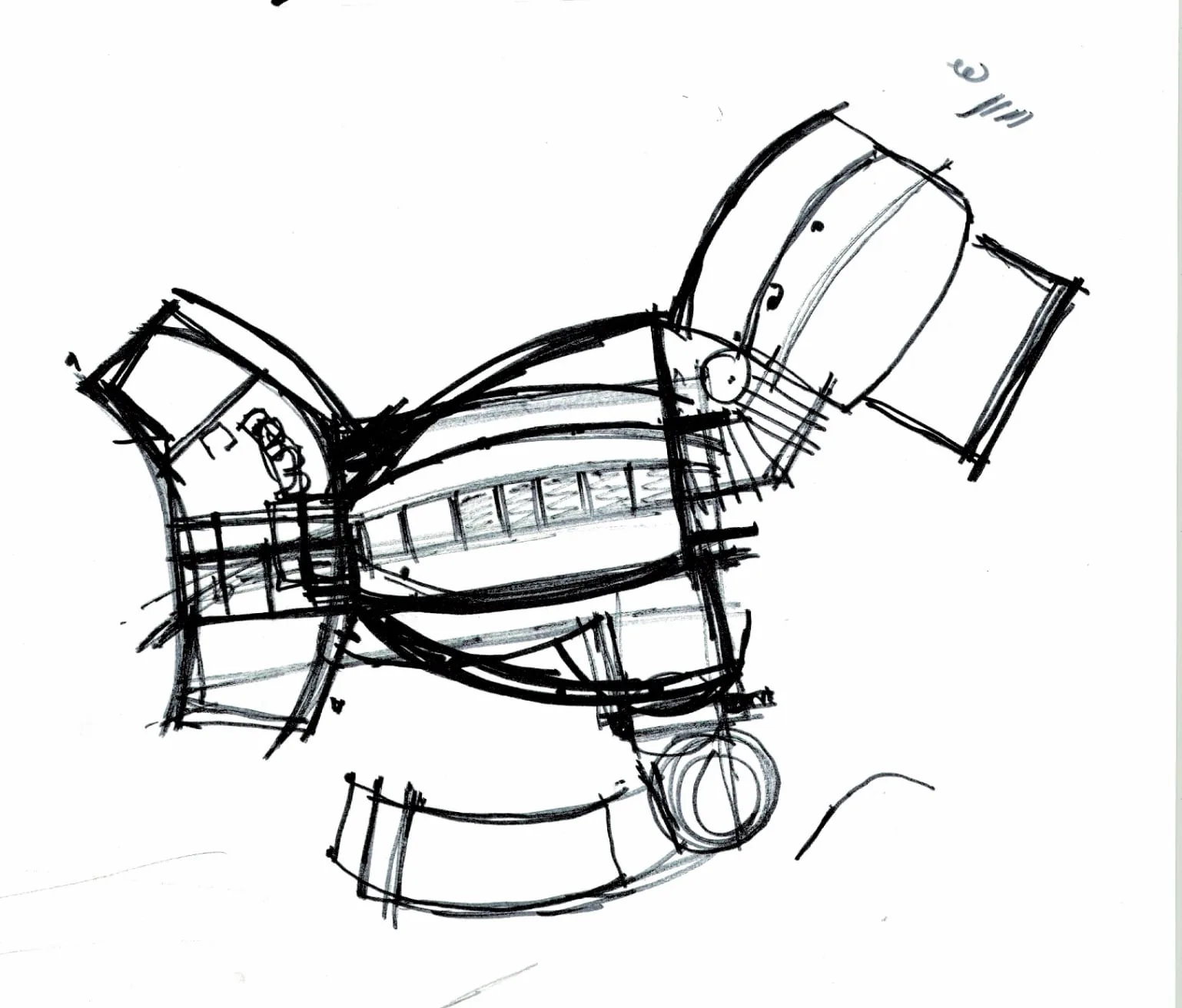 A quick pen sketch of the turtle canopy over a terrace, drawn in plan
