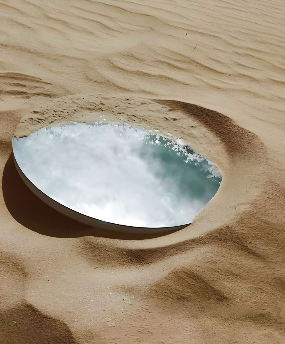 Round mirror reflecting light on the deser