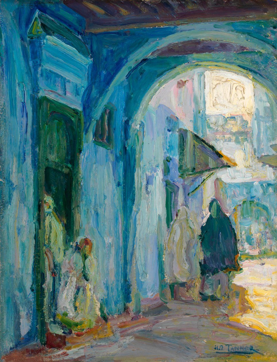 Oil painting of a blue-walled alley in Tangier, figures under an arch