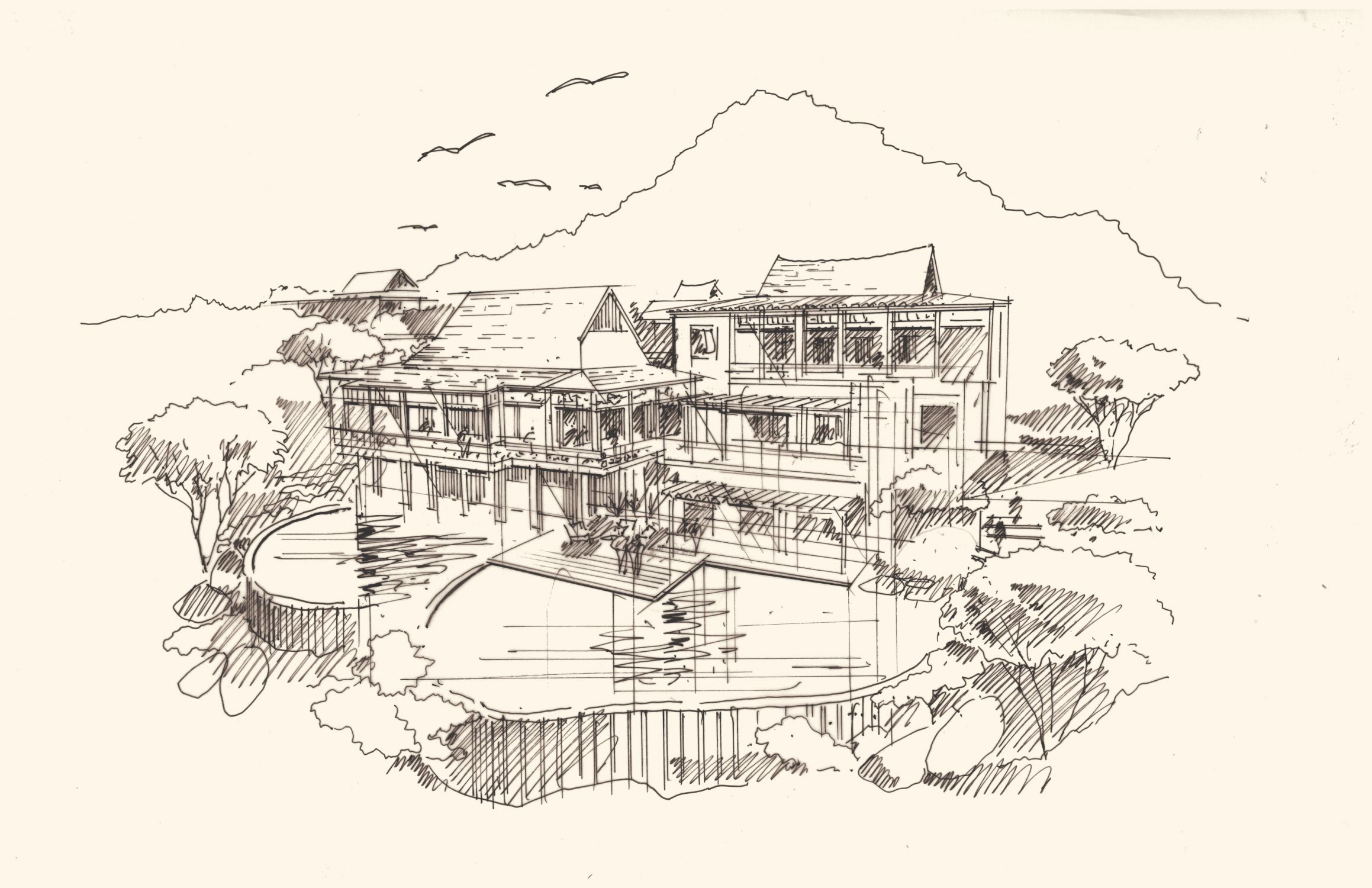 Ink sketch of the house stepping down the hillside to a pool, birds over the ridge