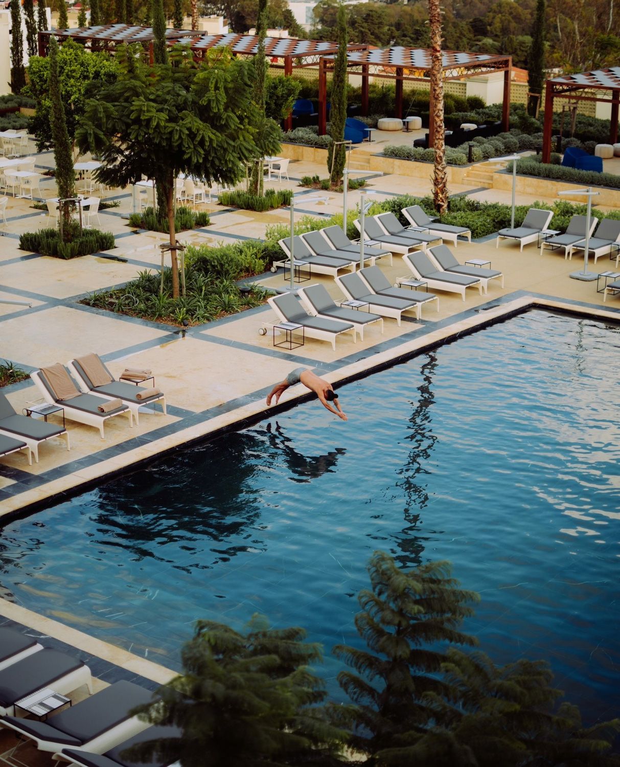 A swimmer diving into the pool from its edge, loungers and trees behind