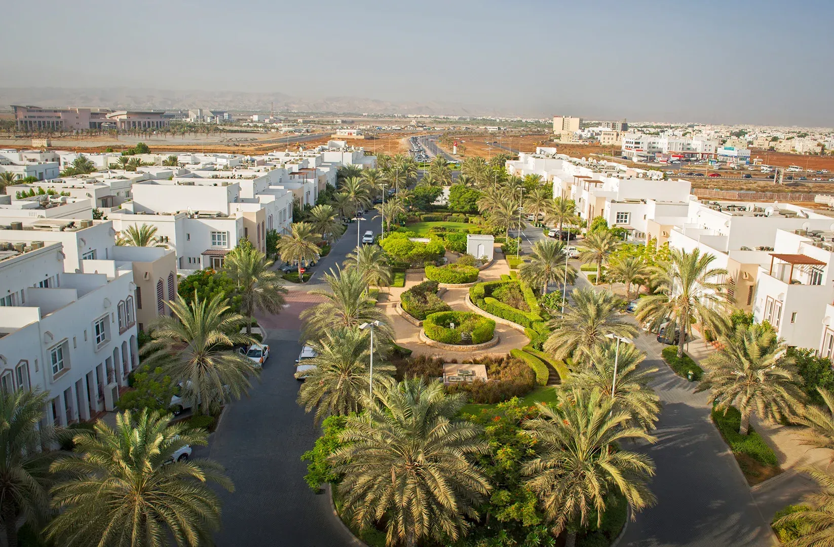 A planted boulevard between white houses, palms along it, the hills of Muscat beyond