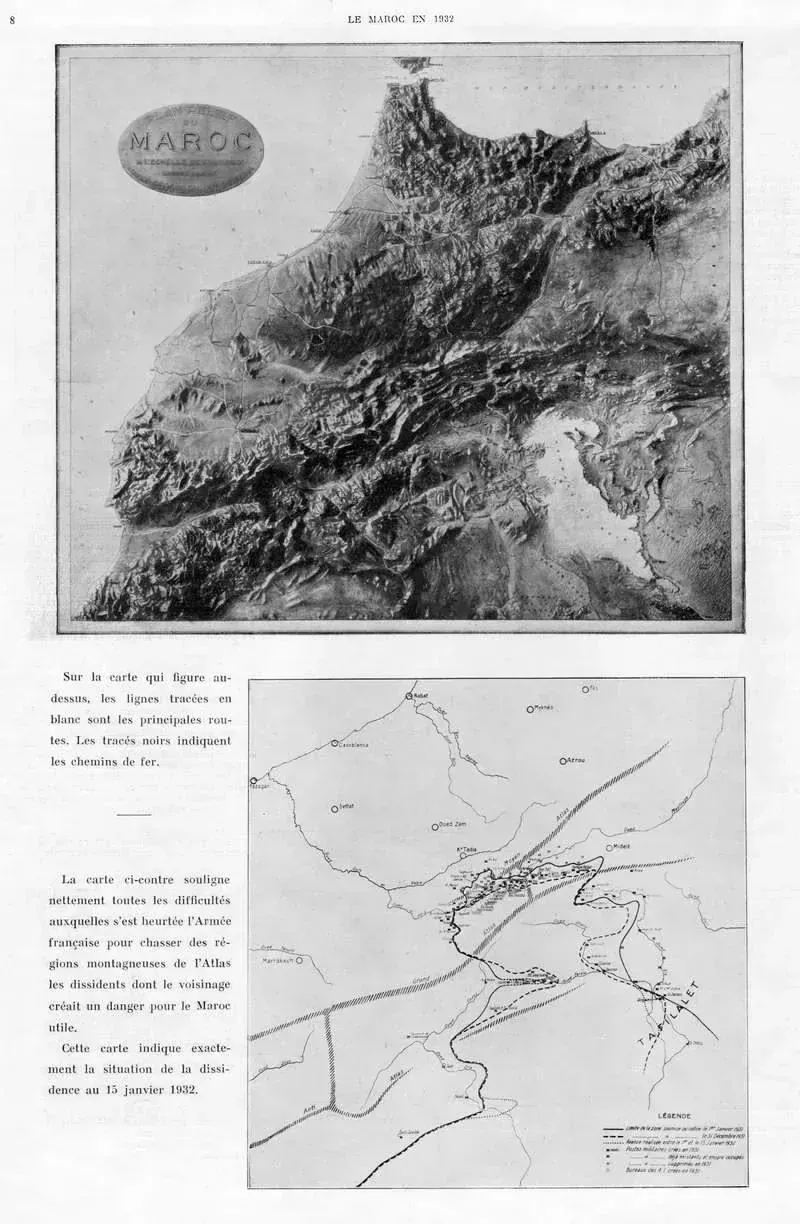 Printed page from Le Maroc en 1932 with a relief map of Morocco