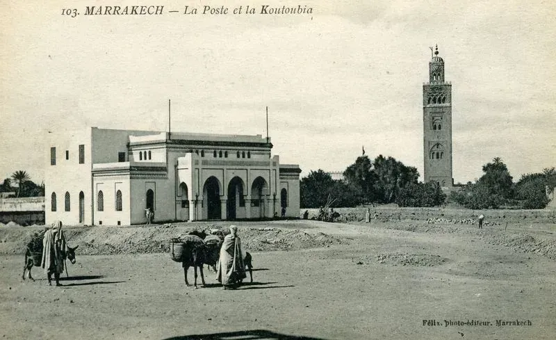 Early twentieth-century postcard of Marrakech: the post office and the Koutoubia