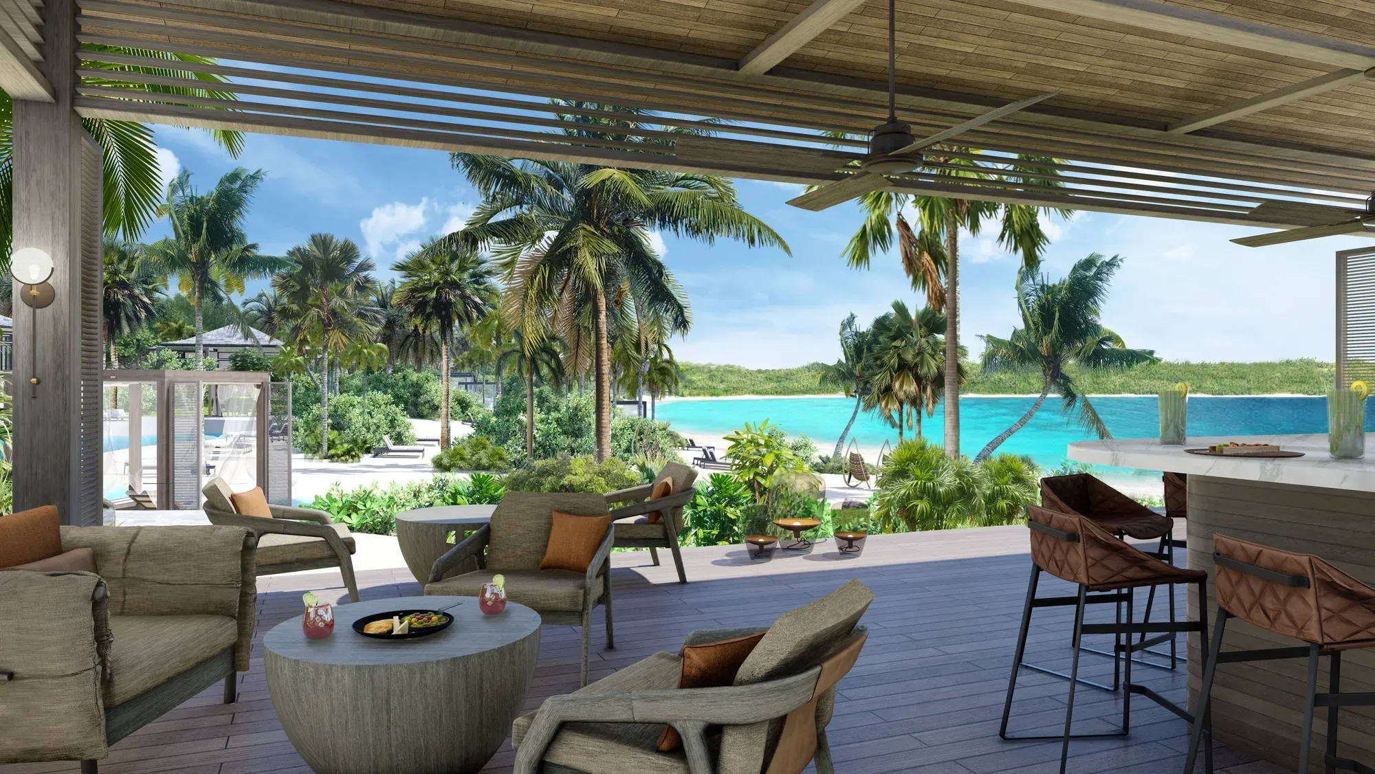 A terrace bar under slatted timber, armchairs and the beach through the palms