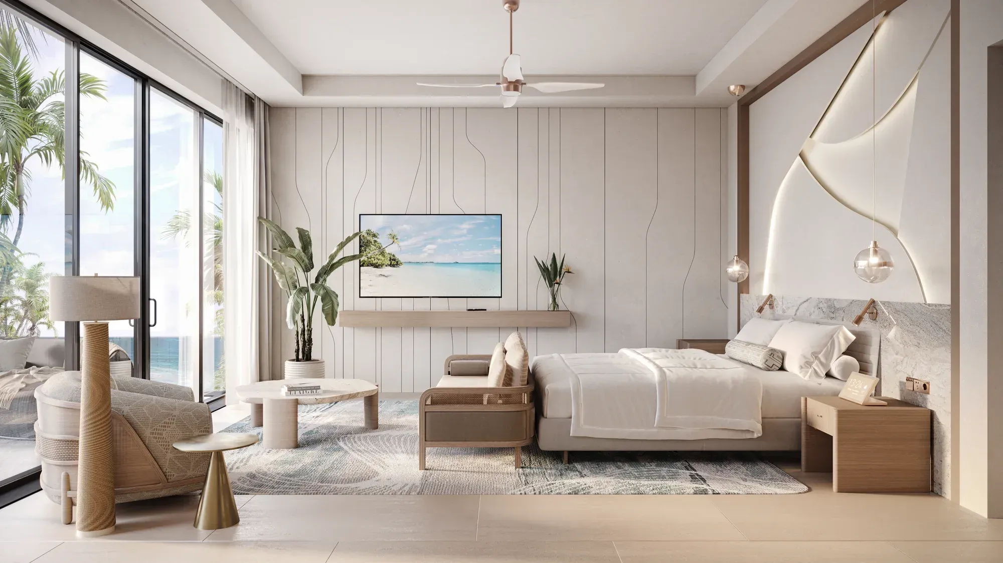 A bedroom in bleached timber and white, palms and the sea through the glass