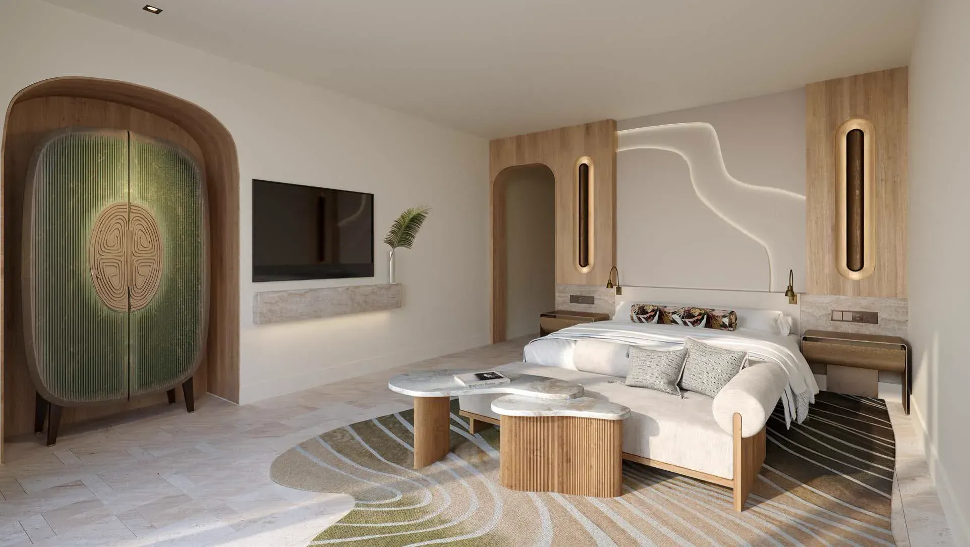 A bedroom with a curved timber wall, a patterned rug and a rattan wardrobe