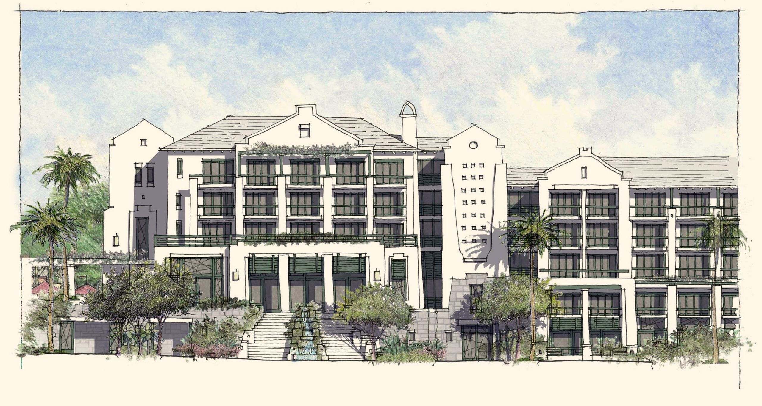 Watercolour elevation of the hotel: gabled roofs, balconies and a stair to the beach