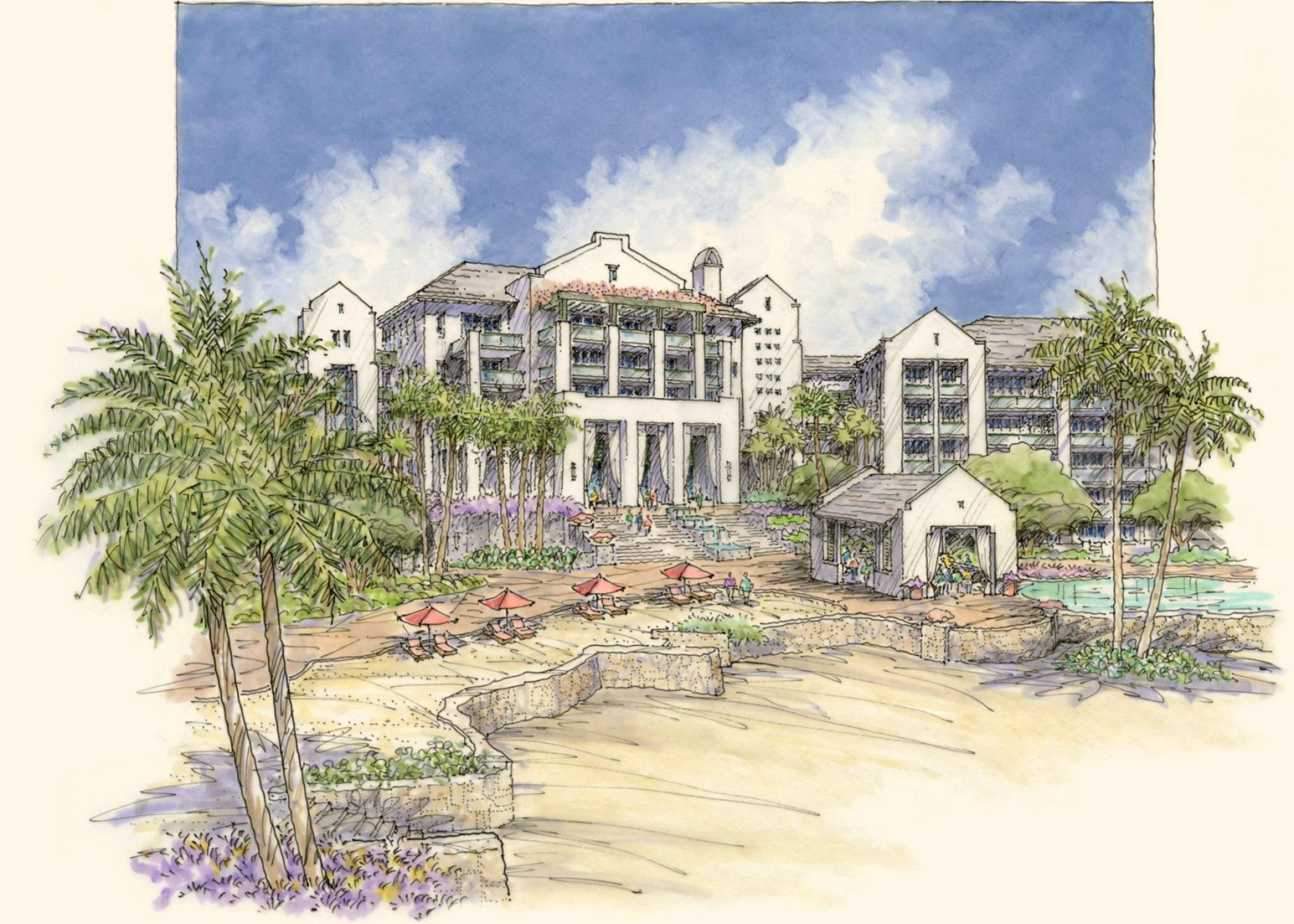 Watercolour rendering of the resort from the beach: white gabled buildings behind palms and a pool