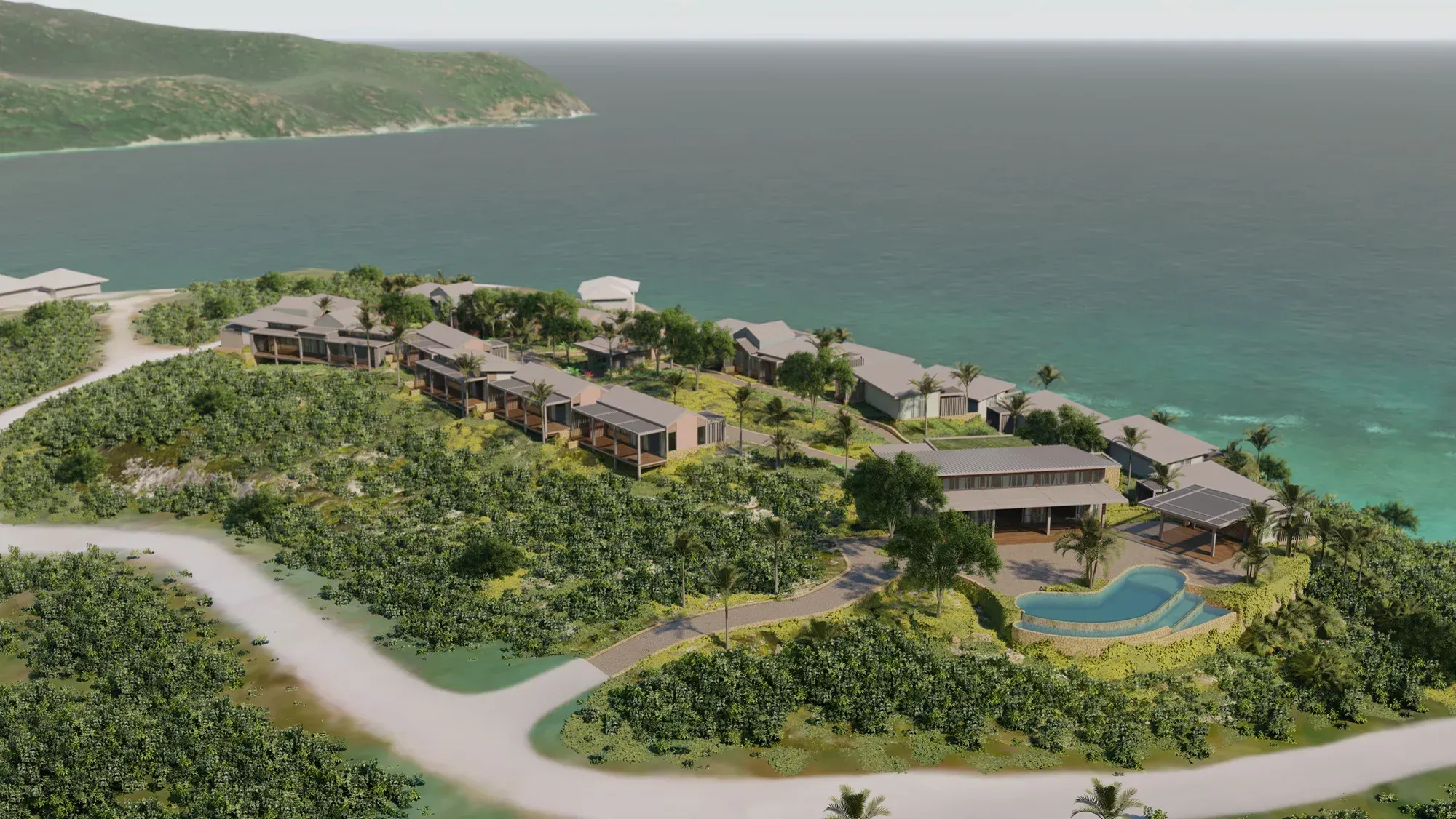 Rendering of the hilltop bungalows from the air, stepped along the ridge, a pool below