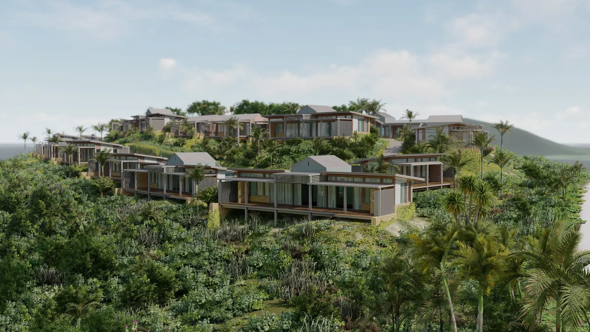 Rendering of bungalows stepped down a green hillside, palms between them