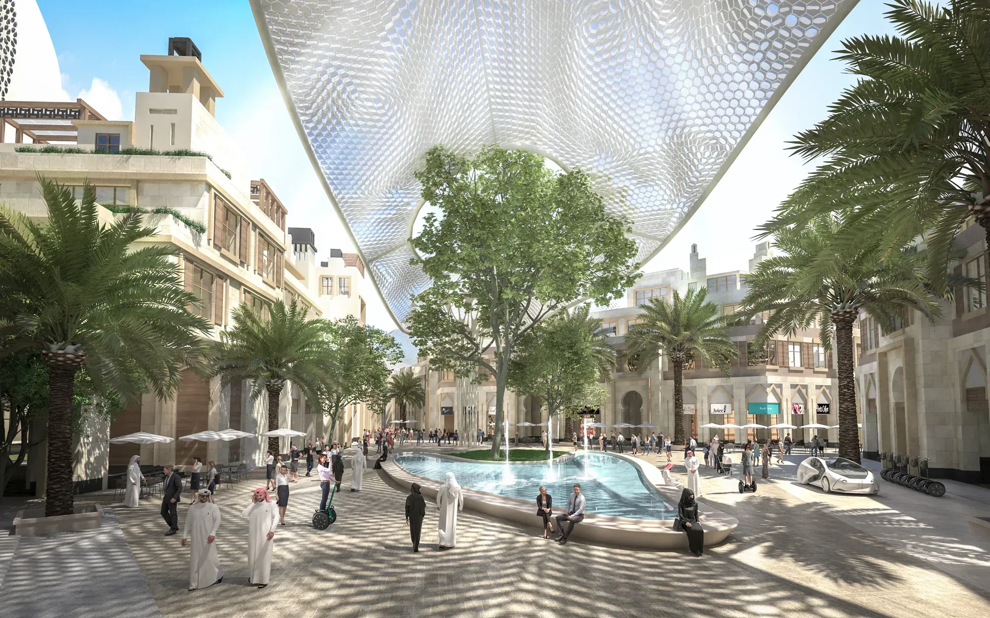 A shaded street under a honeycomb canopy, a pool and trees between stone buildings