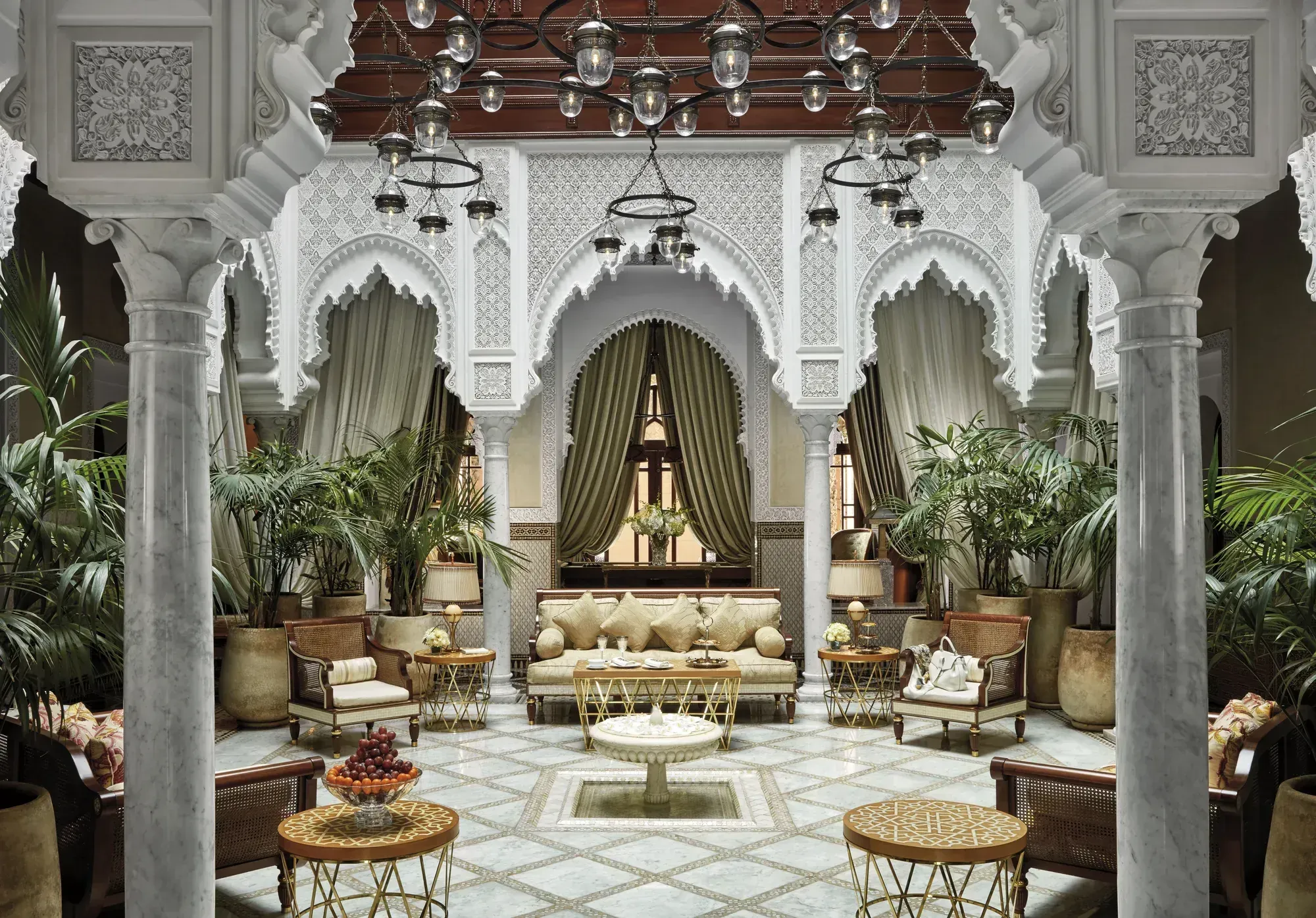The central courtyard lounge under its lanterns