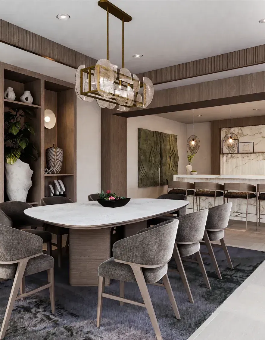 A dining room: an oval table under a glass chandelier, timber shelving, the kitchen beyond