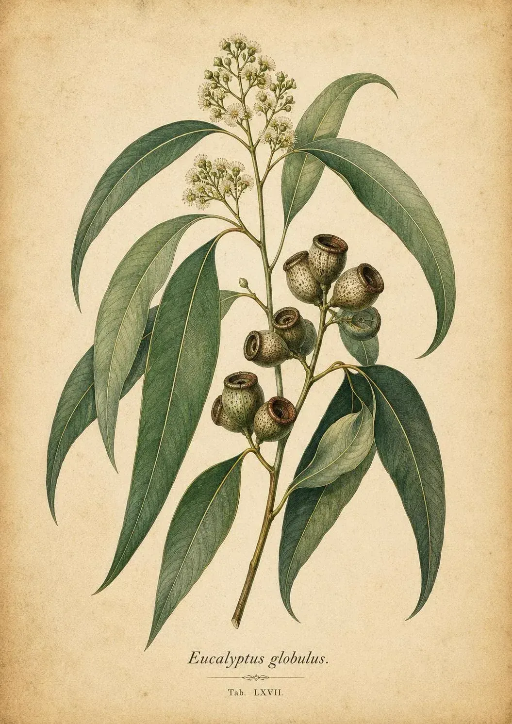 Botanical plate of Eucalyptus globulus: leaves, blossom and seed pods on aged paper
