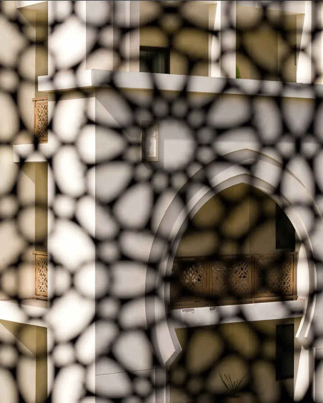 The palace facade seen through a carved screen, its shadow across the arches