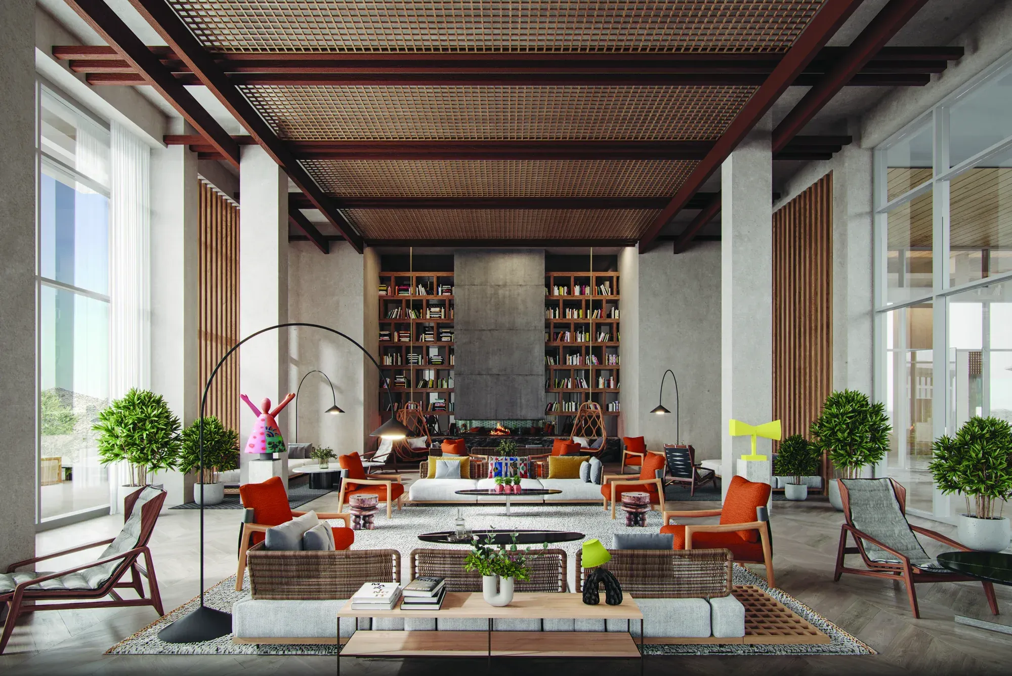 A library lounge with tall shelves, orange armchairs and trees in pots