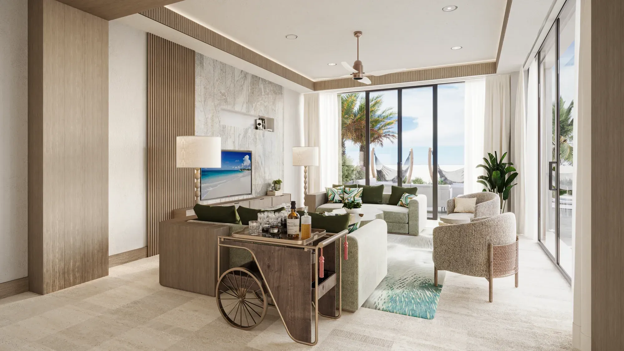 A living room in soft neutrals and green, a bar cart, the terrace and palms beyond