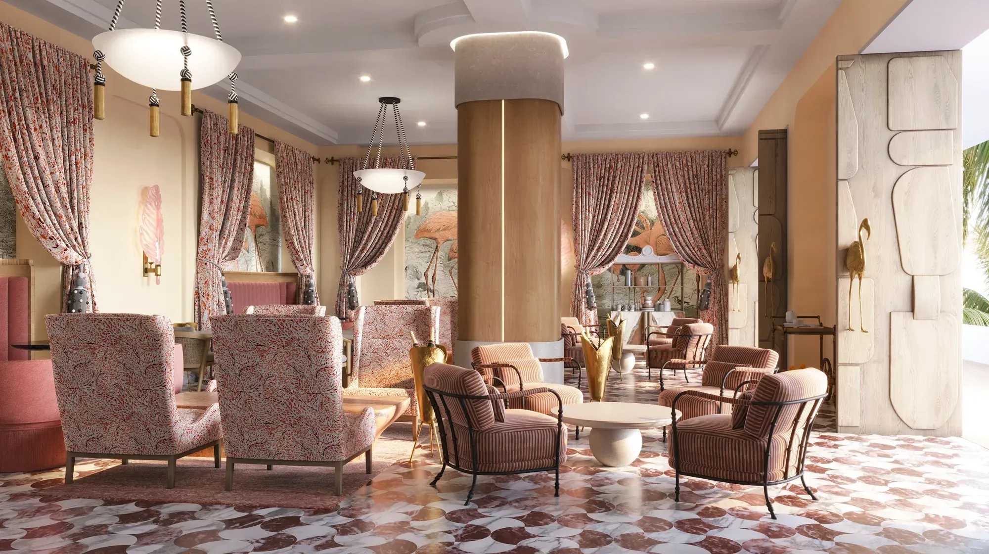A lounge in coral: patterned armchairs, curtains and a terrazzo floor, flamingos painted on the walls