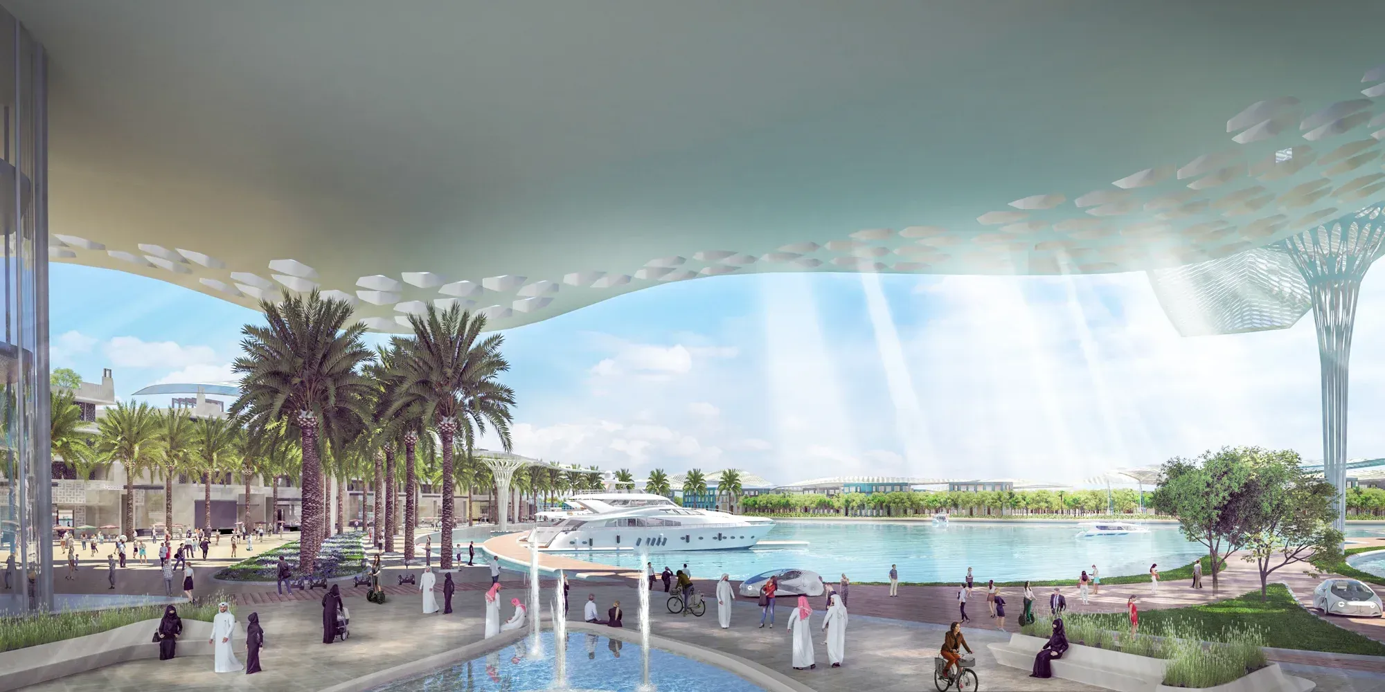 A perforated canopy over a marina promenade, palms and a fountain, a yacht at the quay