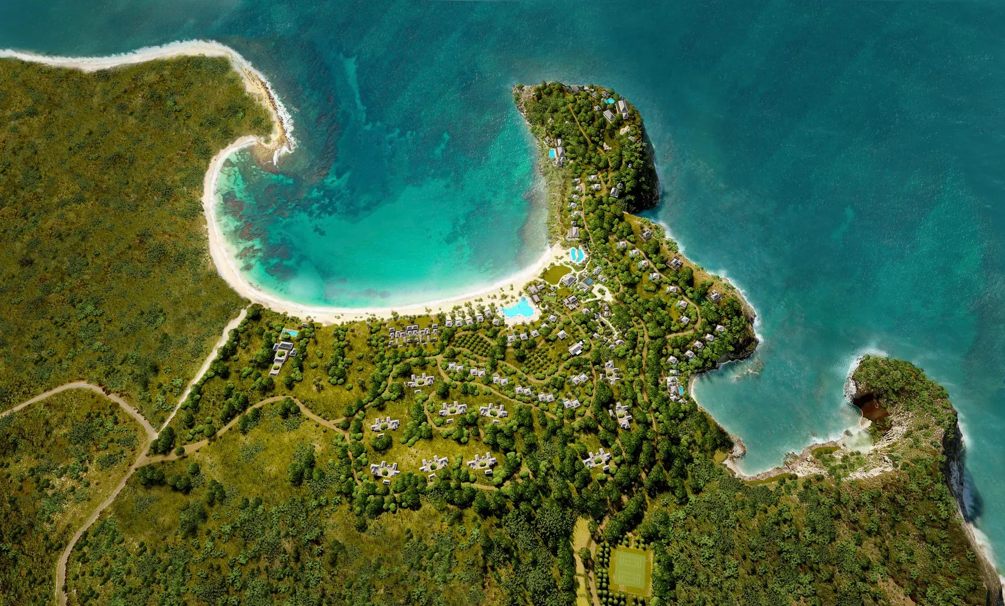 The master plan seen from above: pavilions along the beach and the point, paths through the trees