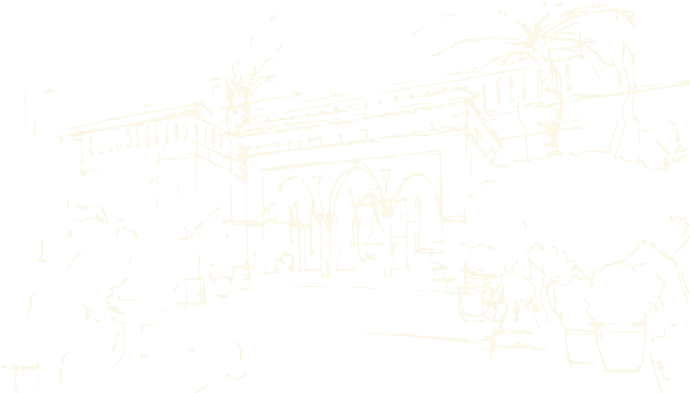 Ink sketch of a Royal Mansour courtyard: arcades under a colonnaded gallery, potted palms in the foreground