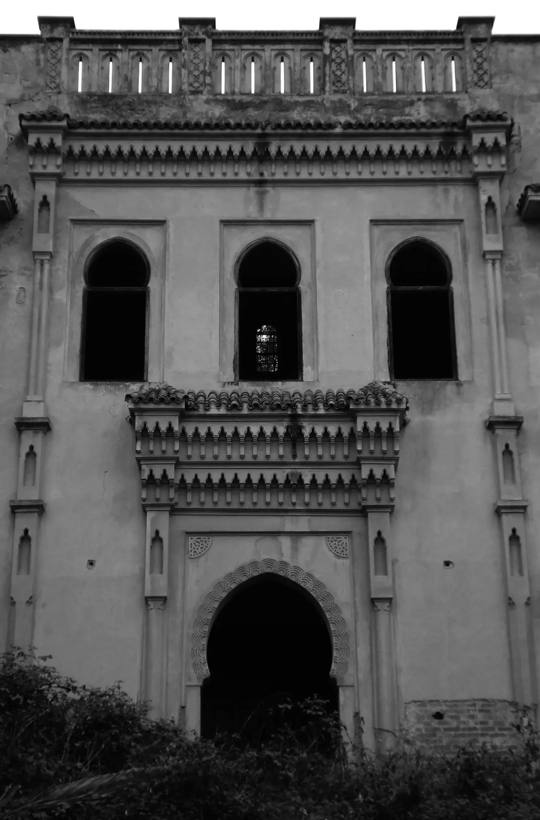 The unfinished palace facade in black and white: carved plaster, empty arched windows, scrub before the door