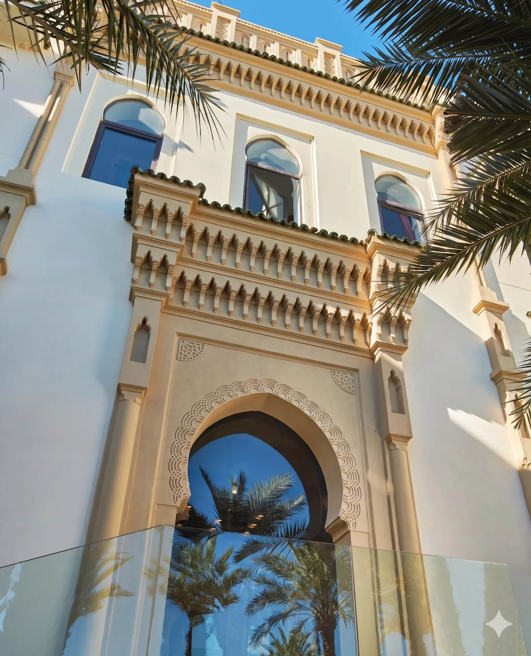The restored palace facade under palms, its carved plaster and horseshoe arch