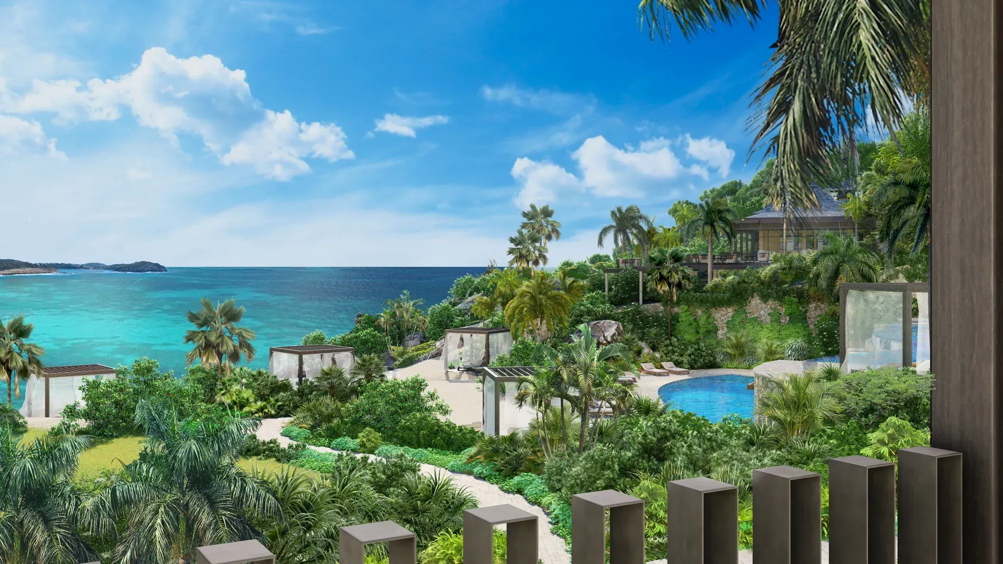Pavilions and a pool among palms, the sea and an island beyond