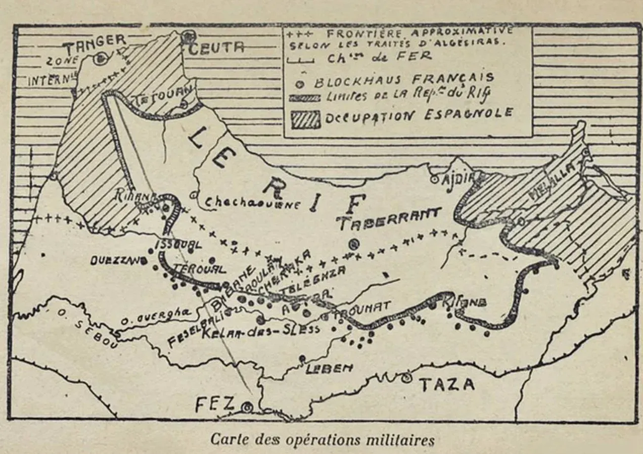 A printed map of the Rif with Tangier, Tetouan and Fez marked