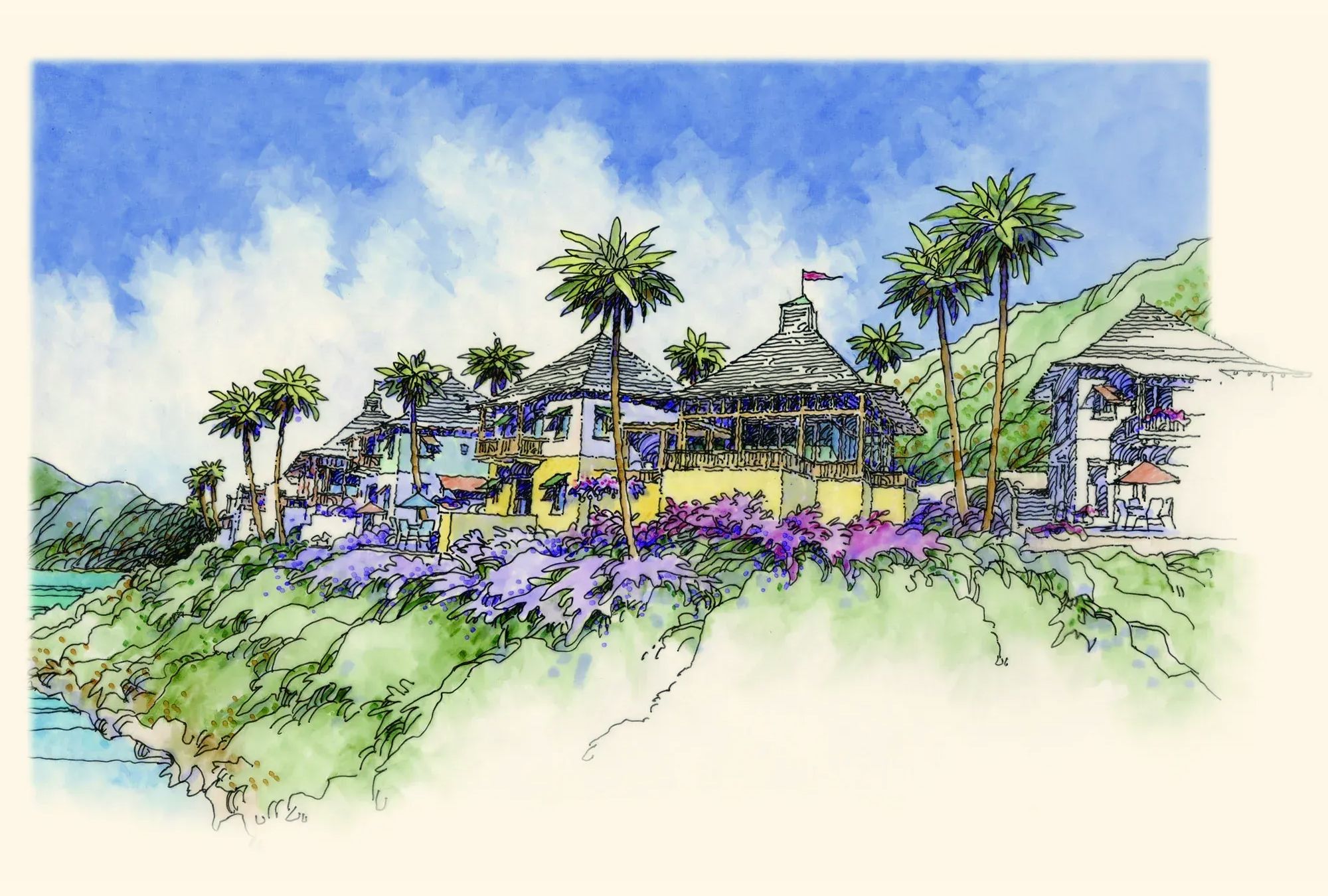 Watercolour of villas on the hillside among bougainvillea and palms