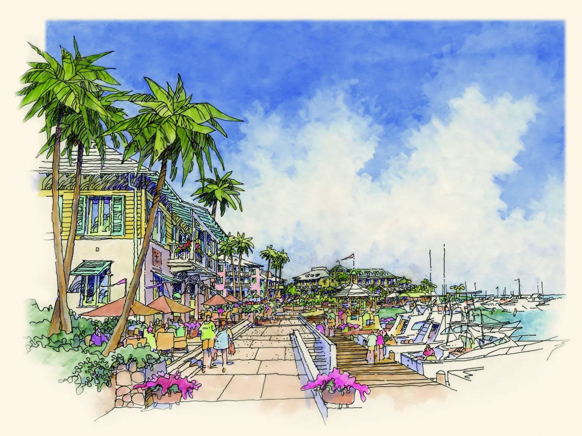 Watercolour of the marina quay: shuttered houses, palms, cafe tables and boats